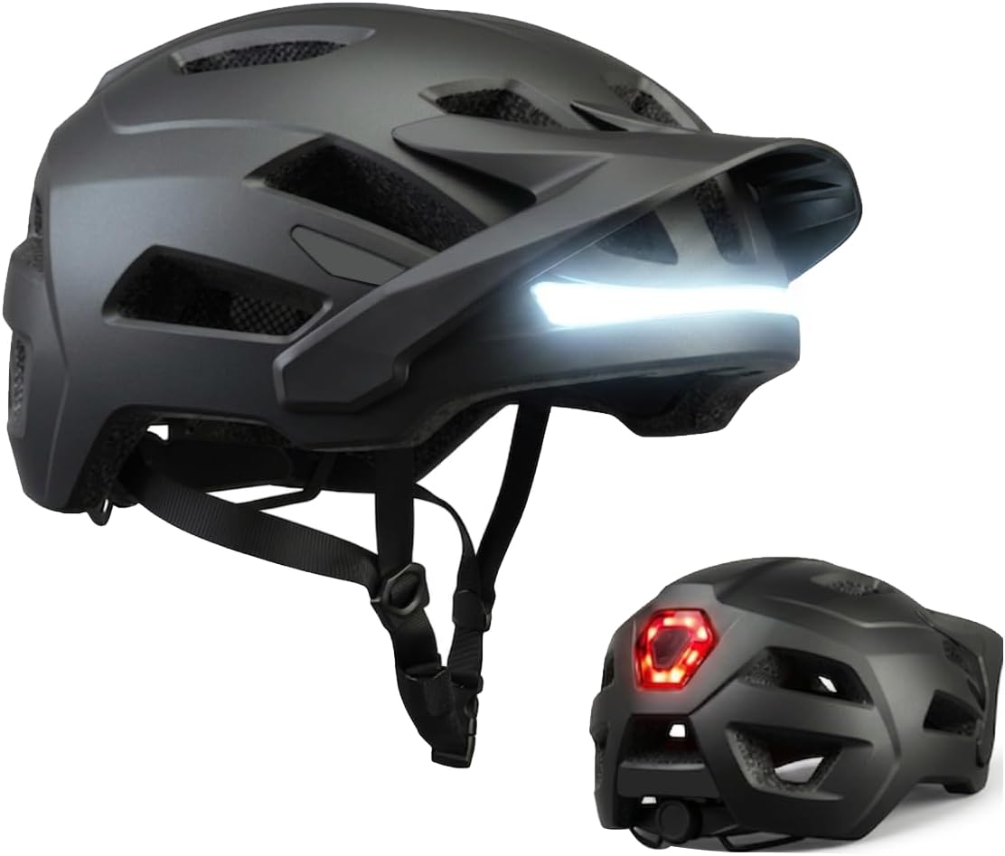 Bike Helmet, Helmets for Adults Men, Front and Back LED Lights Safe Certified MTB Road Bicycle Helmet with Adjustable Brim