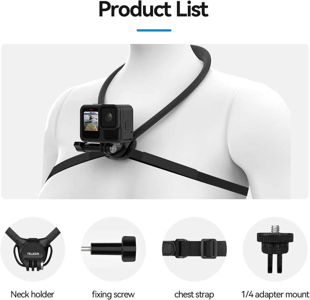 Neck Mount with Air Cushion, Adjustable Chest Strap and Neck Mount for Hands-Free POV Vlogging for GoPro Hero 13/12/11/10/9, Insta 360 X5/X4/Ace Pro 2 / Osmo 360 Nano Action 6/5 Pro/4/3