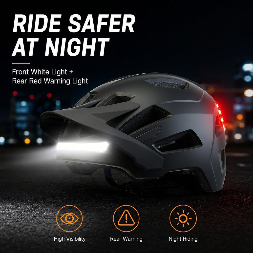 Bike Helmet, Helmets for Adults Men, Front and Back LED Lights Safe Certified MTB Road Bicycle Helmet with Adjustable Brim