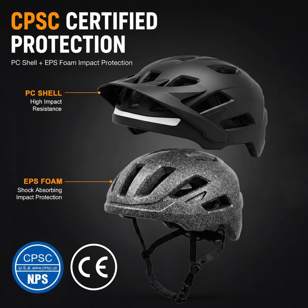 Bike Helmet, Helmets for Adults Men, Front and Back LED Lights Safe Certified MTB Road Bicycle Helmet with Adjustable Brim