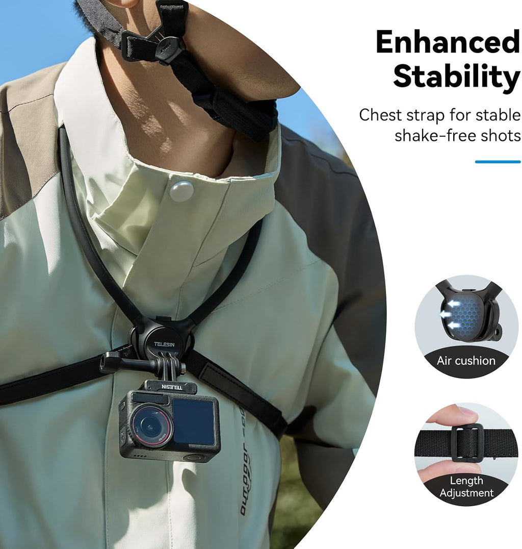 Neck Mount with Air Cushion, Adjustable Chest Strap and Neck Mount for Hands-Free POV Vlogging for GoPro Hero 13/12/11/10/9, Insta 360 X5/X4/Ace Pro 2 / Osmo 360 Nano Action 6/5 Pro/4/3