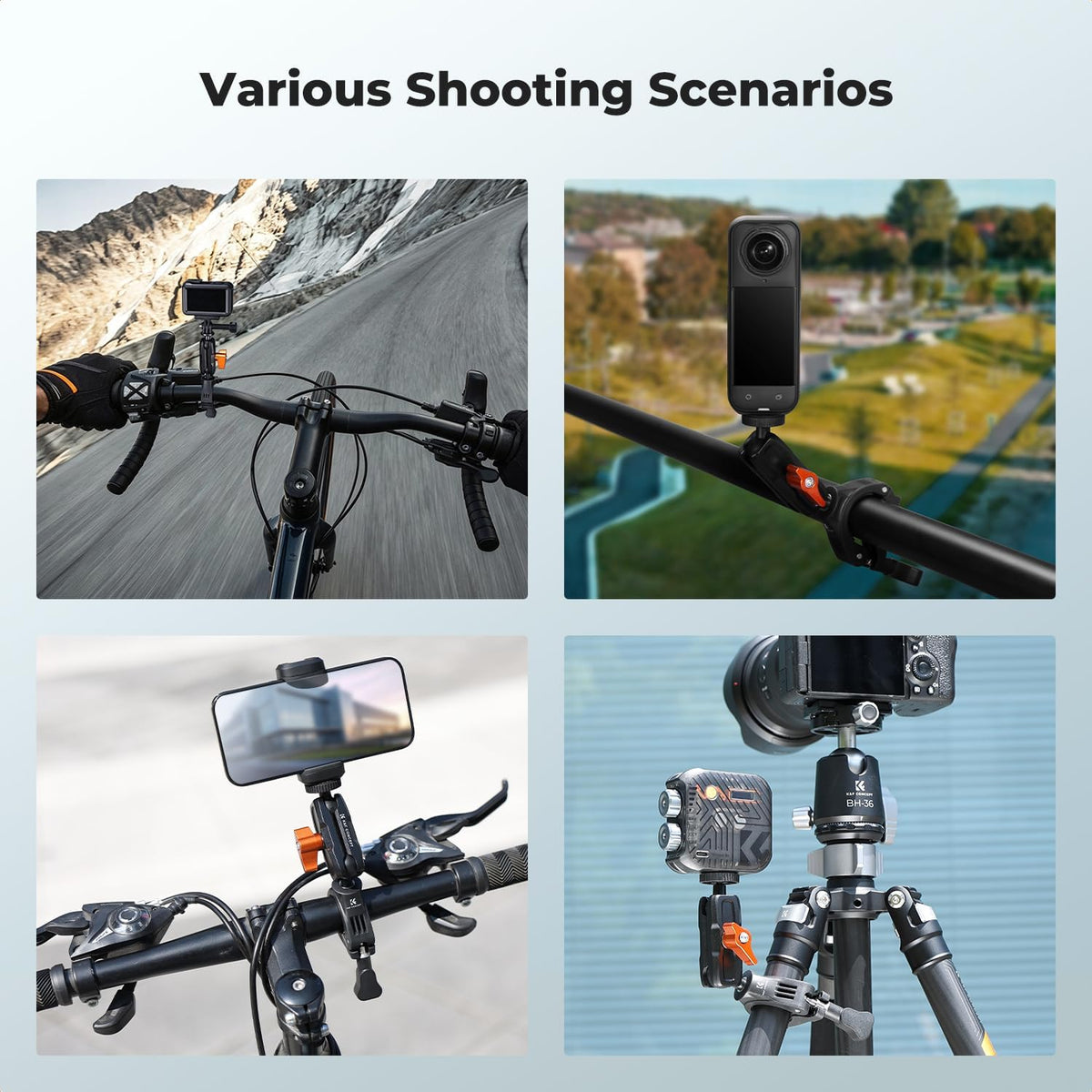 Bike Handlebar Bike Mount with 360° Dual Ball Head Camera Clamp
