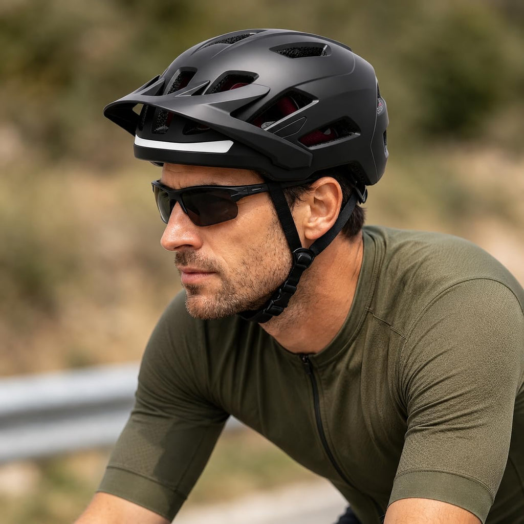 Bike Helmet, Helmets for Adults Men, Front and Back LED Lights Safe Certified MTB Road Bicycle Helmet with Adjustable Brim