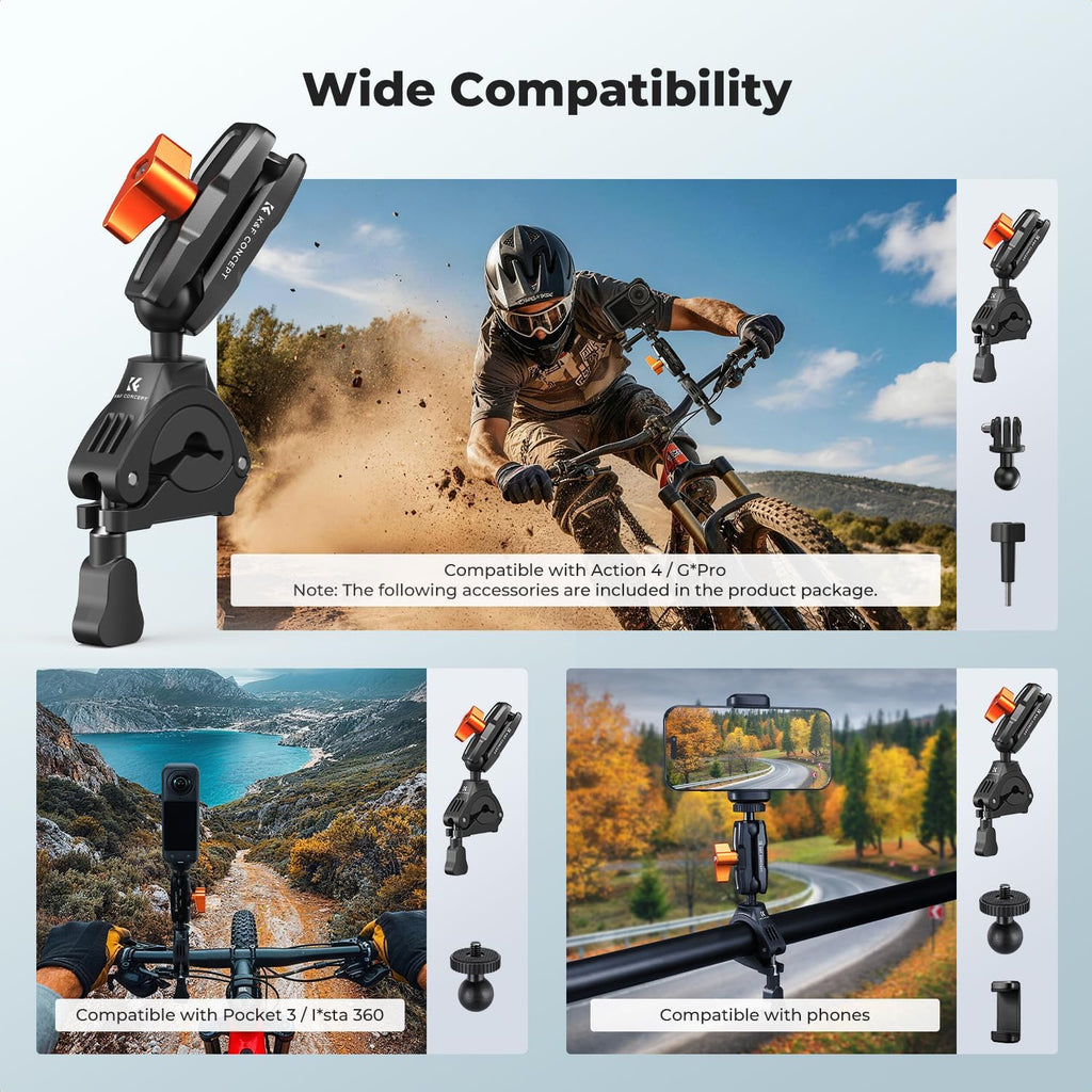 Bike Handlebar Bike Mount with 360° Dual Ball Head Camera Clamp